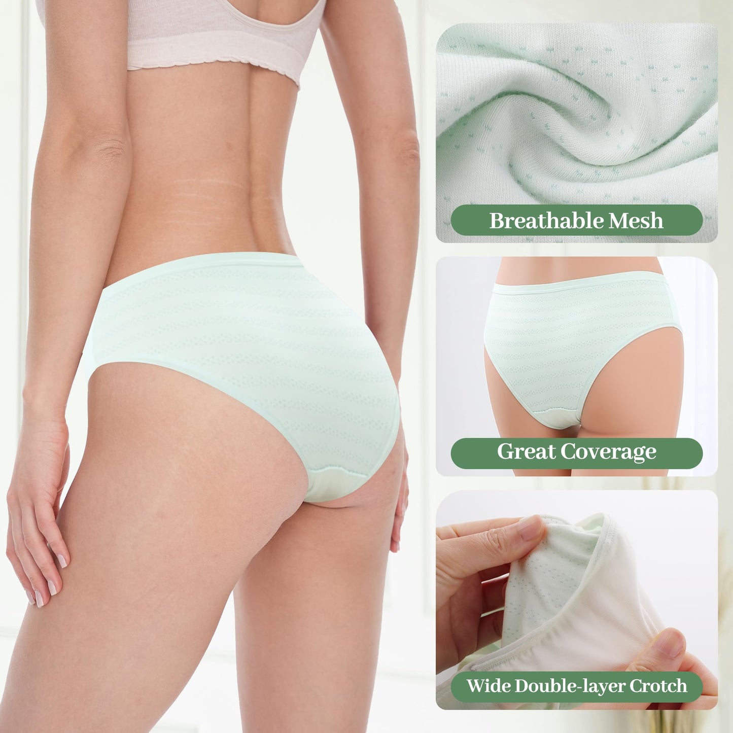 BAMBOO COOL Womens Underwear Mesh Breathable Moisture-Wicking Briefs, Soft & Lightweight Ladies Panties, 5-Pack