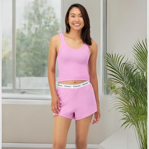 Hanes Women's Originals 2-Piece Lounge, Comfywear Rib Crop Tank & Sleep Shorts Loungewear Set, Strawberry Pink/Strawberry Pink, X Large
