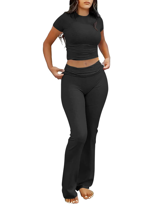 ANRABESS Lounge Sets for Women 2 Piece Foldover Yoga Flare Leggings Pants Crop Tops Casual Y2K Outfits Matching Tracksuit Set Black Medium