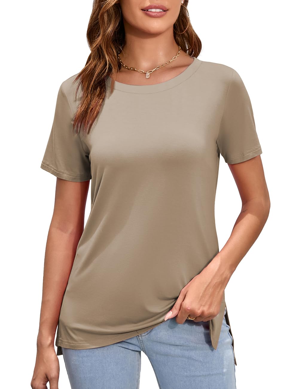 Herou T Shirt for Women Basic Short Sleeve Modal High Low Hem Tees Round Neck Loose Fit (Light Coffee, Medium)