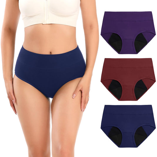 Molasus Incontinence Underwear for Women High Absorbency Period Leakproof Cotton Underwear Heavy Flow Menstrual Protective Panties Bladder Control Briefs 3 Pack,Multicolor,Medium