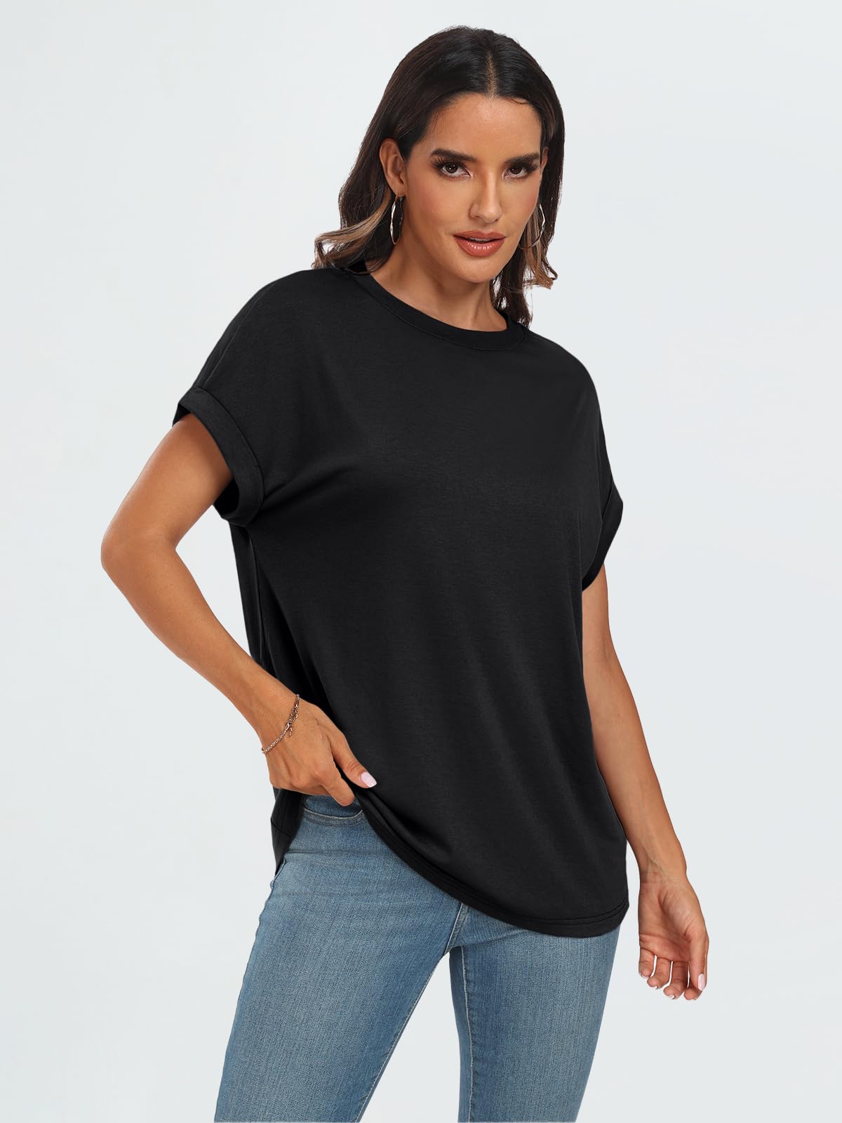 AUTOMET Womens Summer Tops Oversized Short Sleeve Business Casual Dressy T Shirts Trendy Fashion Clothes Spring Outfits 2025 Black L