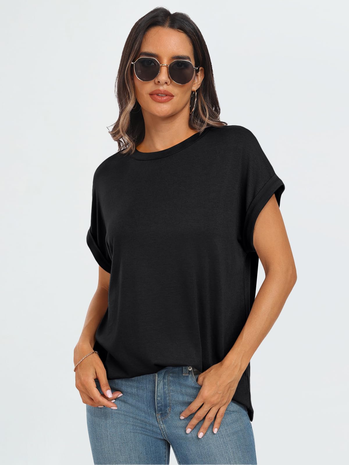 AUTOMET Womens Summer Tops Oversized Short Sleeve Business Casual Dressy T Shirts Trendy Fashion Clothes Spring Outfits 2025 Black L