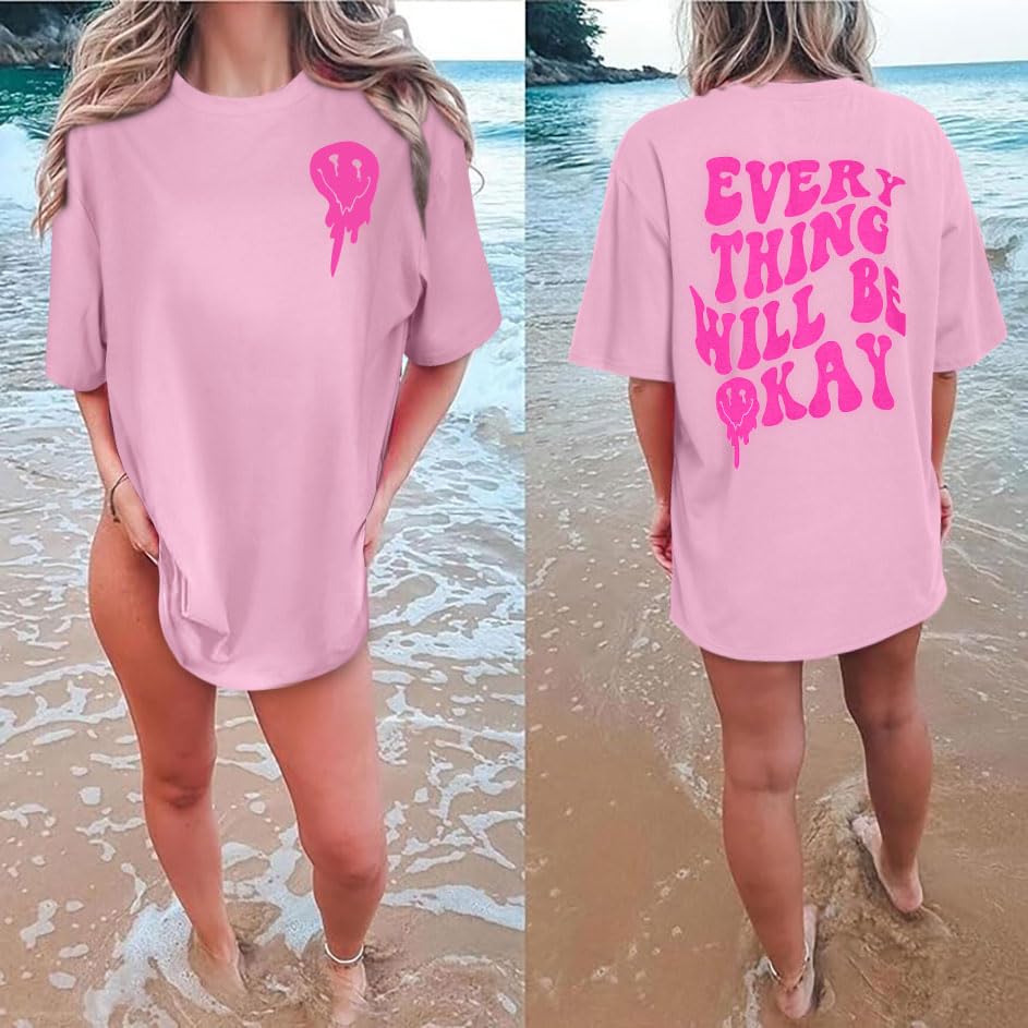 Womens Oversized Tshirt Graphic Tees Crew Neck Summer Short Sleeve Loose Fit Tops (A-Letter Print Pink, L)
