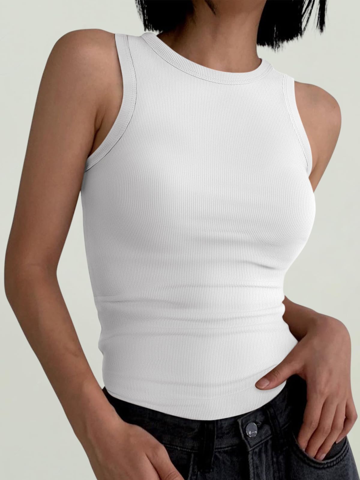 ANRABESS Womens Sleeveless High Neck Tank Tops Fashion Summer Casual Basic Slim Fit Ribbed Racerback Top Shirt Clothes White-M