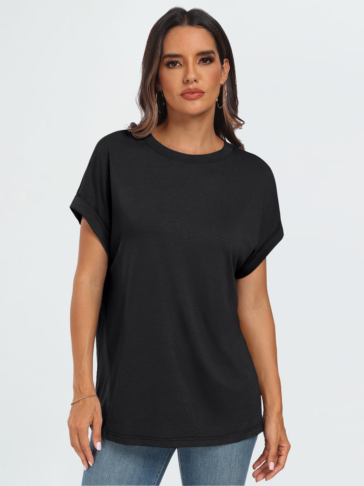 AUTOMET Womens Summer Tops Oversized Short Sleeve Business Casual Dressy T Shirts Trendy Fashion Clothes Spring Outfits 2025 Black L