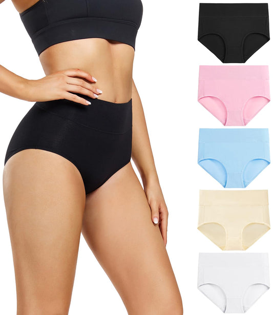 wirarpa Women's Underwear High Waisted Ladies Cotton Panties Soft Full Coverage Briefs 5 Pack Assorted Medium