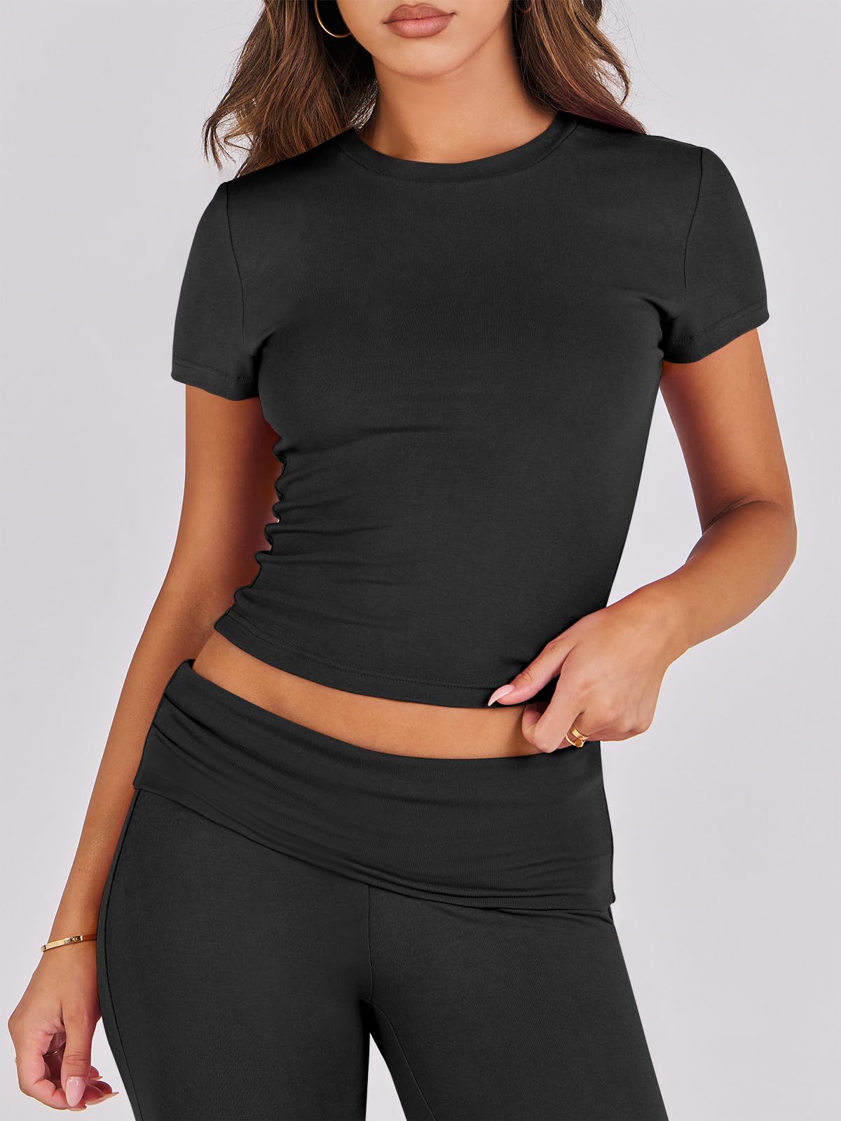 ANRABESS Lounge Sets for Women 2 Piece Foldover Yoga Flare Leggings Pants Crop Tops Casual Y2K Outfits Matching Tracksuit Set Black Medium