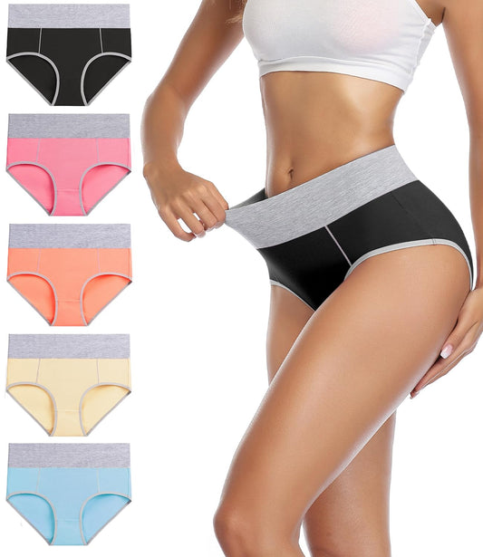 wirarpa Women's Cotton Underwear High Waist Briefs Ladies Soft Breathable Panties Full Coverage Underpants 5 Pack Small