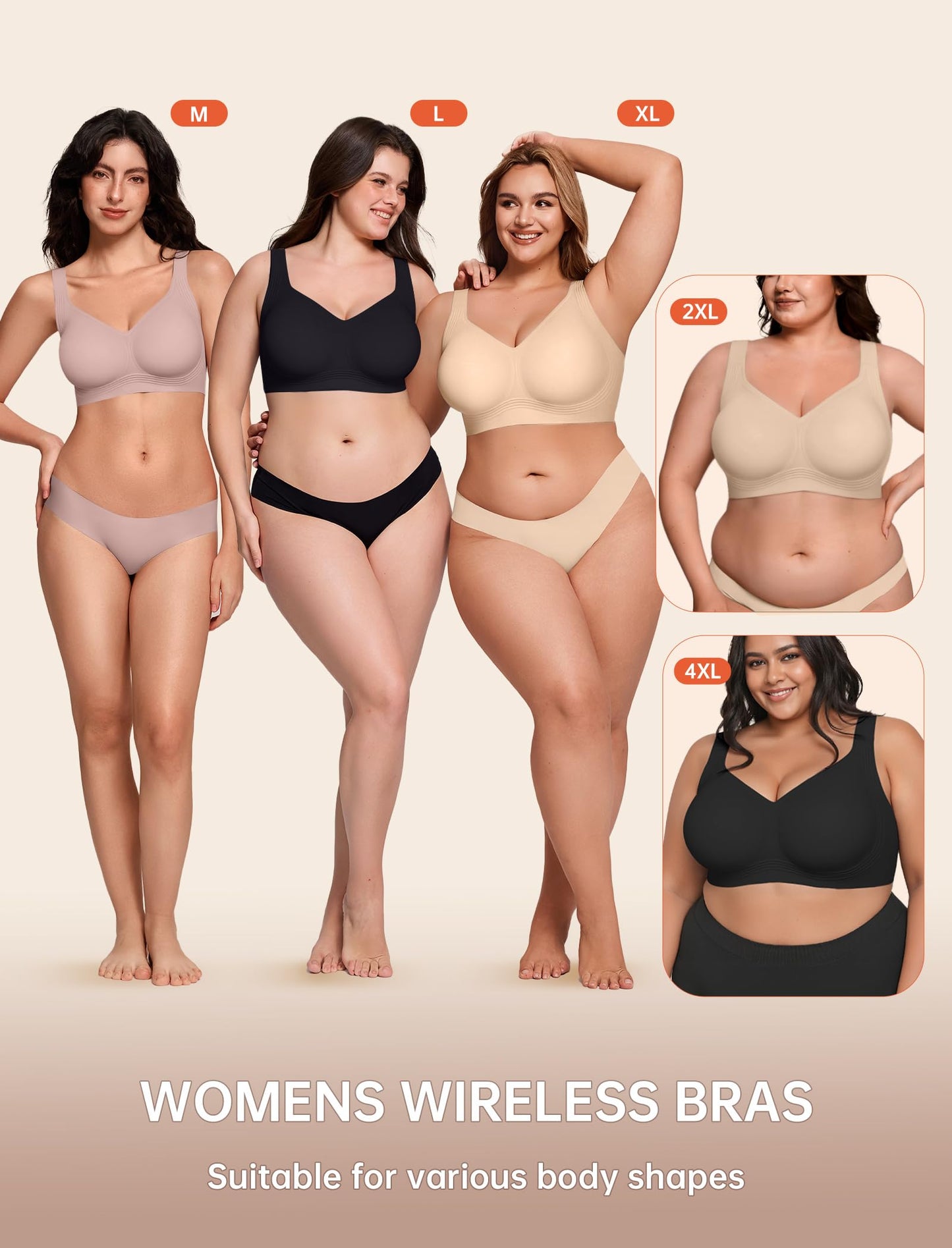 LetsJoli Bras for Women Supportive Wireless Push Up Bra Full Coverage No Underwear Seamless Plus Size for Older Women（Nude,L