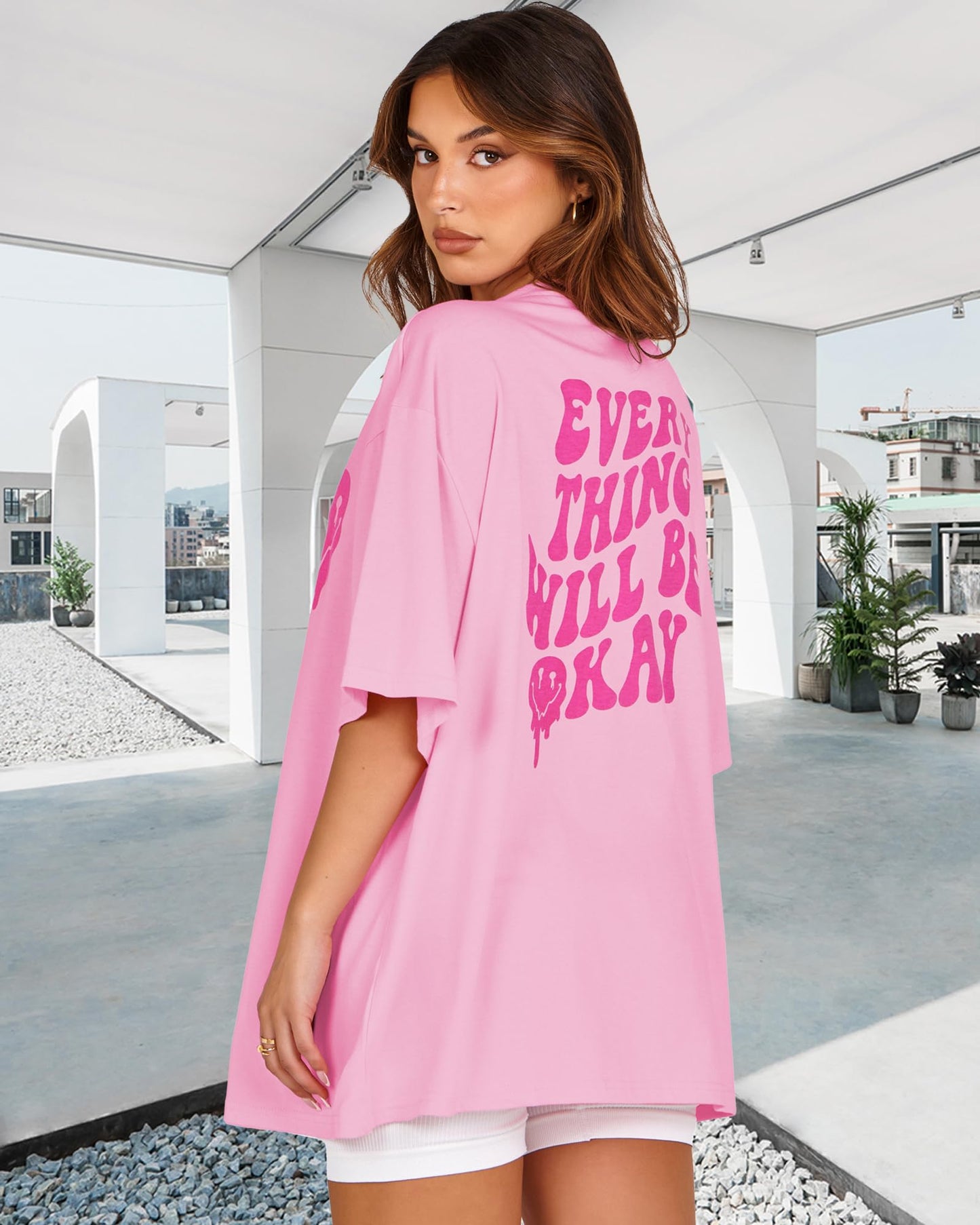 Womens Oversized Tshirt Graphic Tees Crew Neck Summer Short Sleeve Loose Fit Tops (A-Letter Print Pink, L)