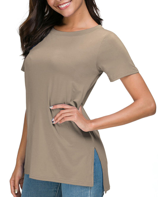 Herou T Shirt for Women Basic Short Sleeve Modal High Low Hem Tees Round Neck Loose Fit (Light Coffee, Medium)