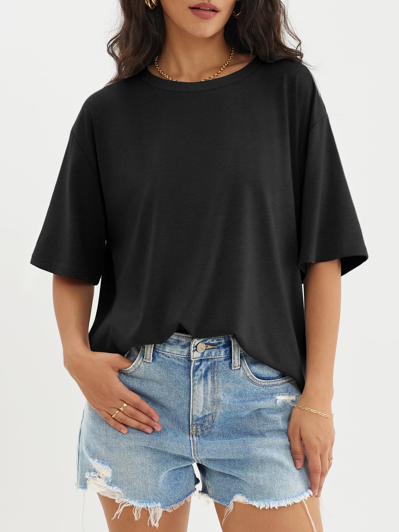 ATHMILE Womens Oversized T Shirts Loose Fit Crewneck Short Sleeve Tops Summer Casual Blouse Y2K 2025 Basic Tee Beach Black