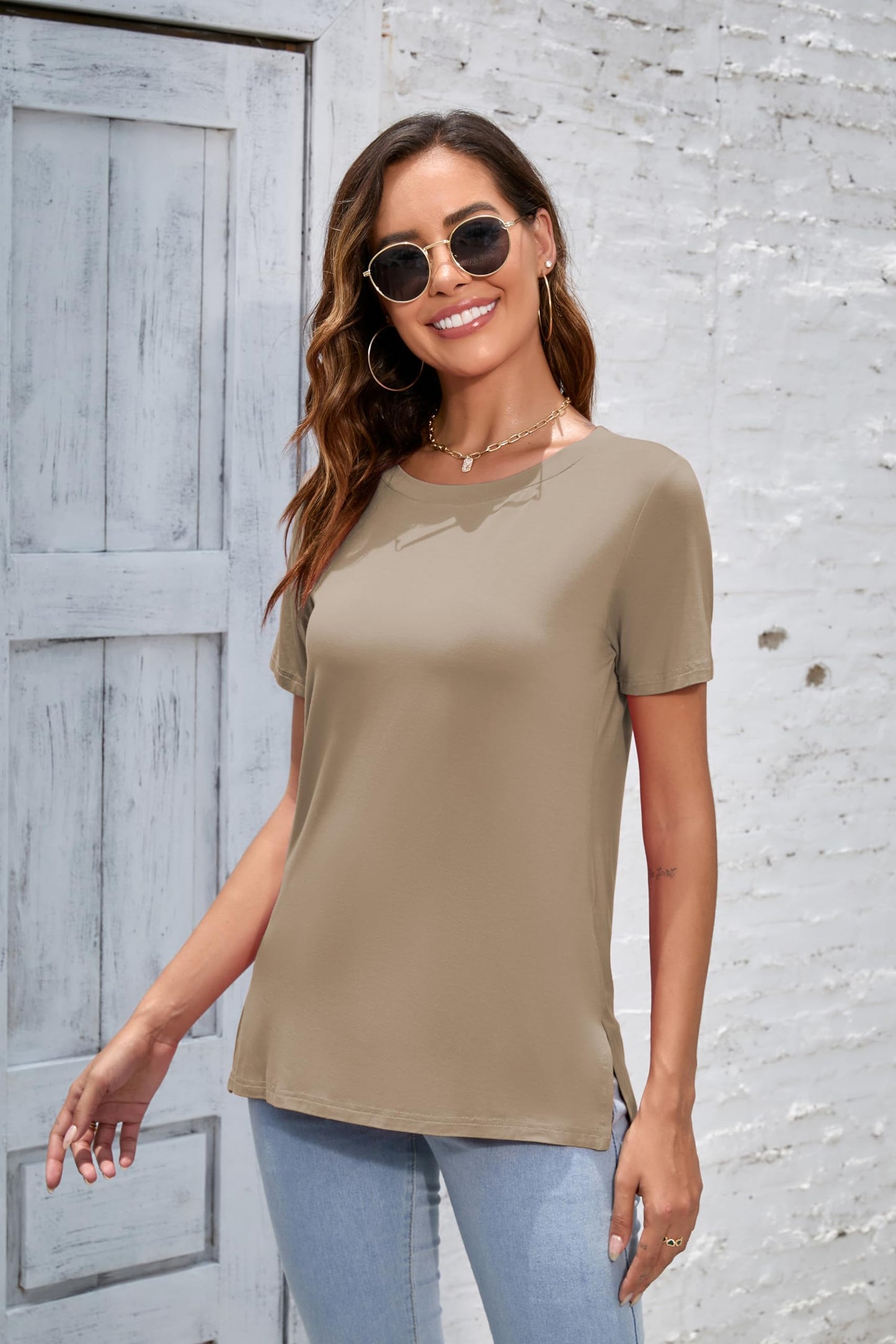 Herou T Shirt for Women Basic Short Sleeve Modal High Low Hem Tees Round Neck Loose Fit (Light Coffee, Medium)