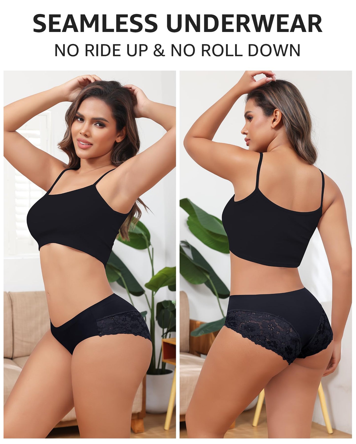 LEVAO Black Cheeky Underwear for Women Lace Seamless Bikini Panties Ladies Soft No Show Hipster 6 Pack S-XXL