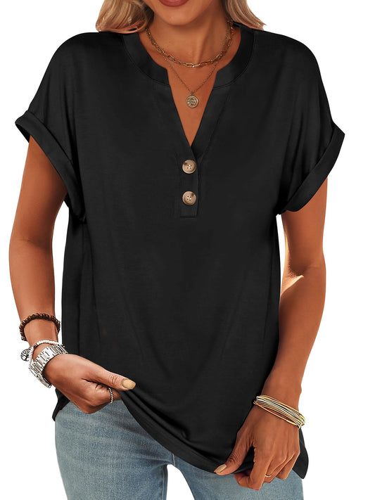 ANRABESS Womens Short Sleeve Henley Tops V Neck Dressy Casual Loose Fit Shirts Summer Flowy Blouses 2025 Trendy Clothes Black L