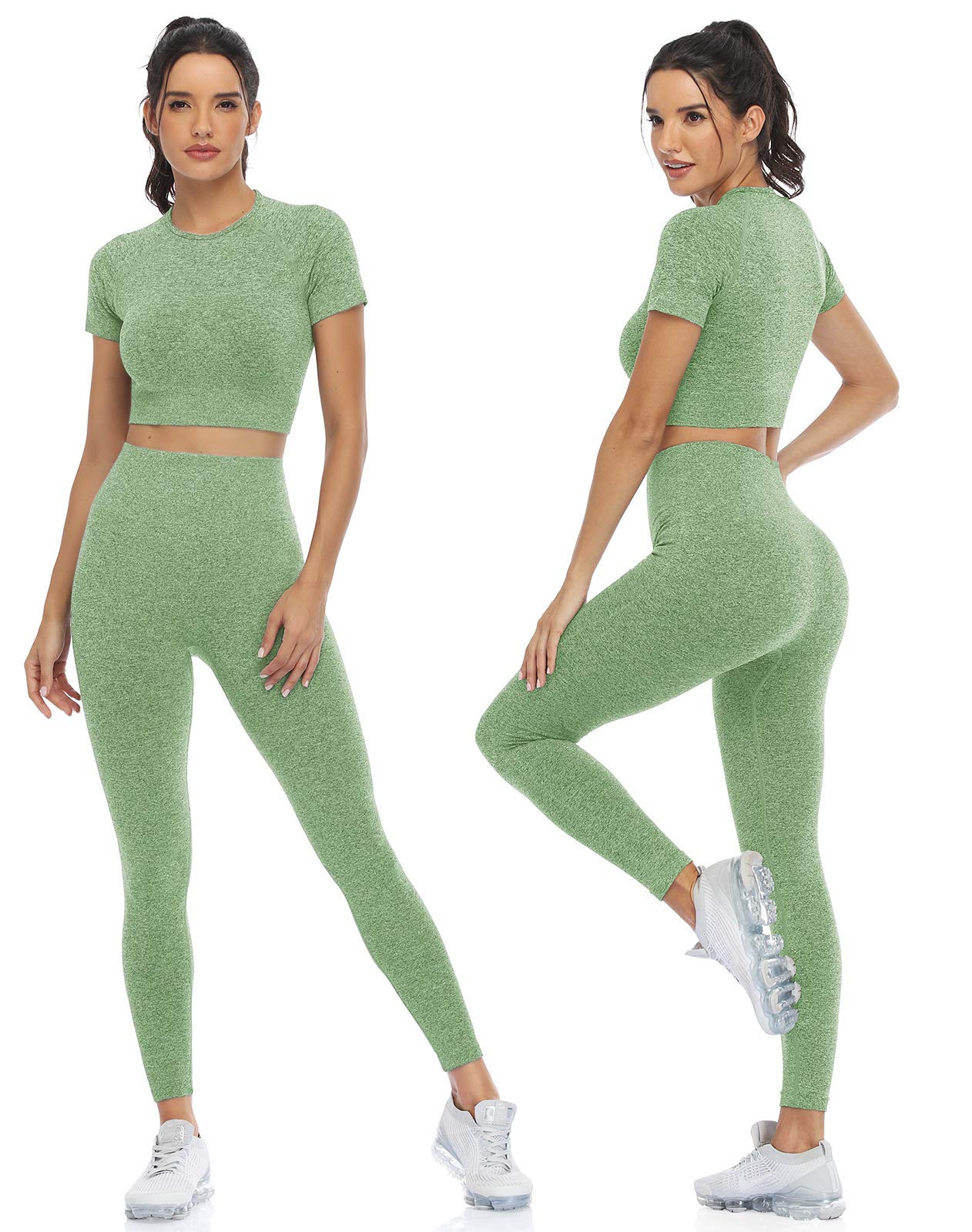 PINKSAVIOR Workout Sets for Women Two Piece Outfits Seamless High Waist Leggings Yoga Crop Tops Athletic Sports Gym Sets(P005M-Avocado