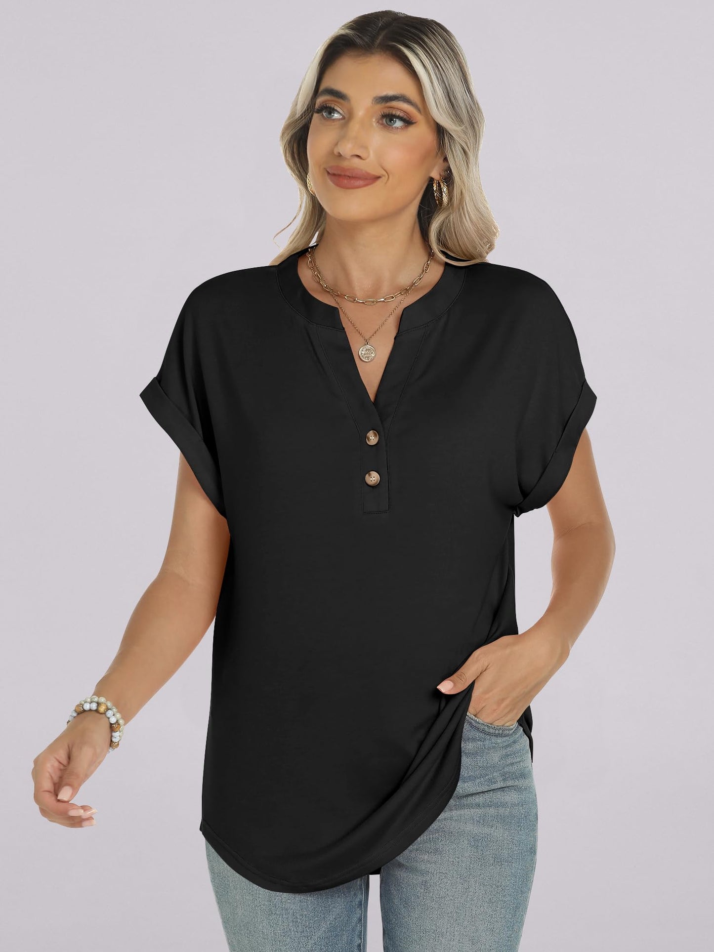 ANRABESS Womens Short Sleeve Henley Tops V Neck Dressy Casual Loose Fit Shirts Summer Flowy Blouses 2025 Trendy Clothes Black L
