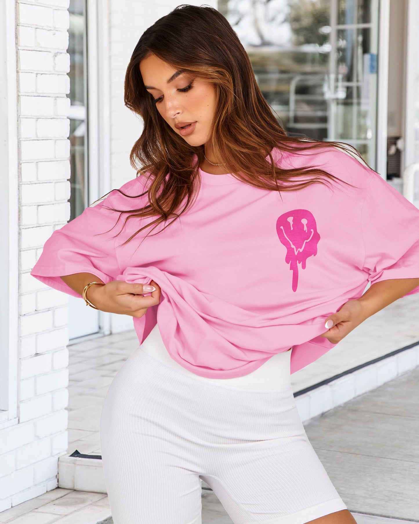 Womens Oversized Tshirt Graphic Tees Crew Neck Summer Short Sleeve Loose Fit Tops (A-Letter Print Pink, L)