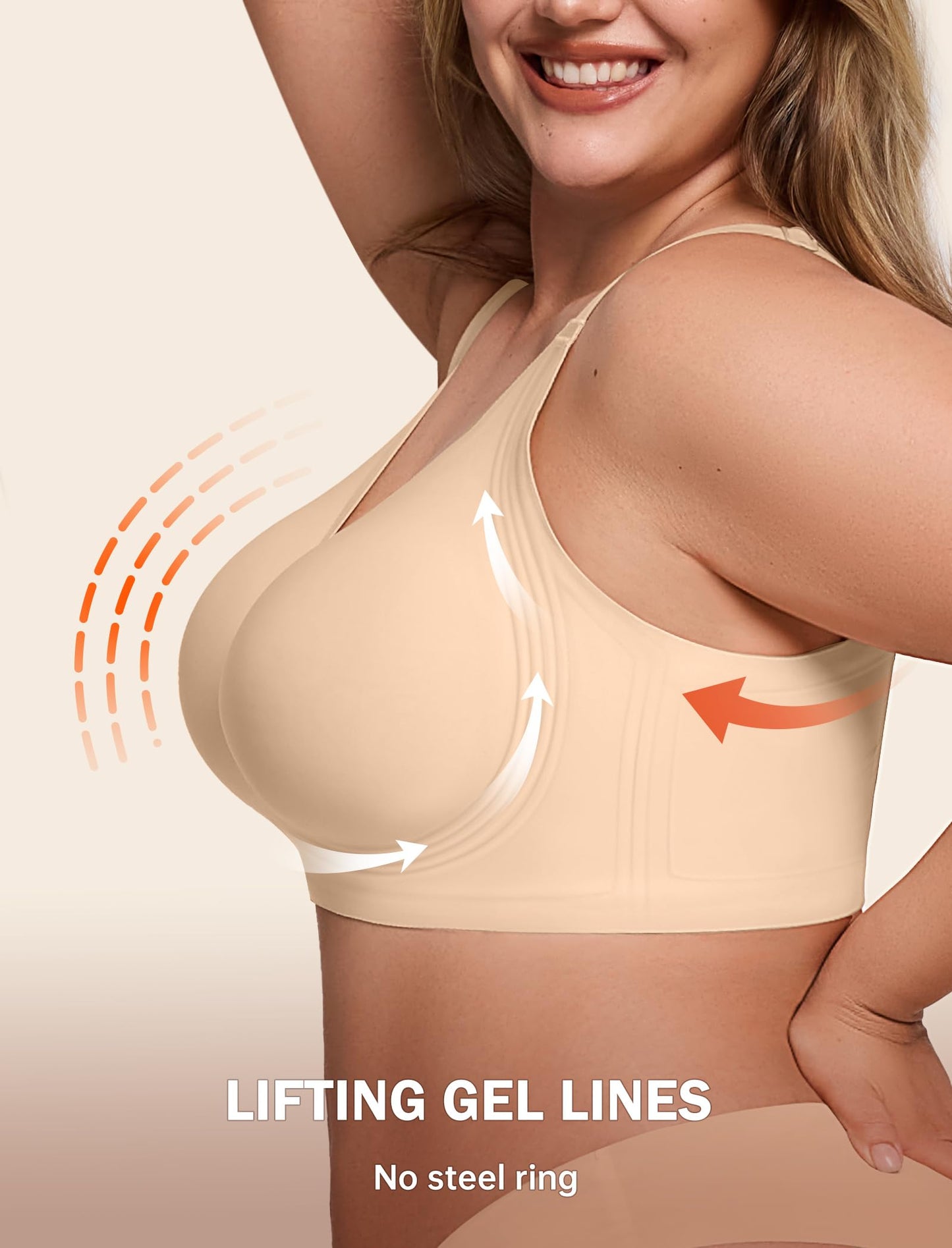 LetsJoli Bras for Women Supportive Wireless Push Up Bra Full Coverage No Underwear Seamless Plus Size for Older Women（Nude,L