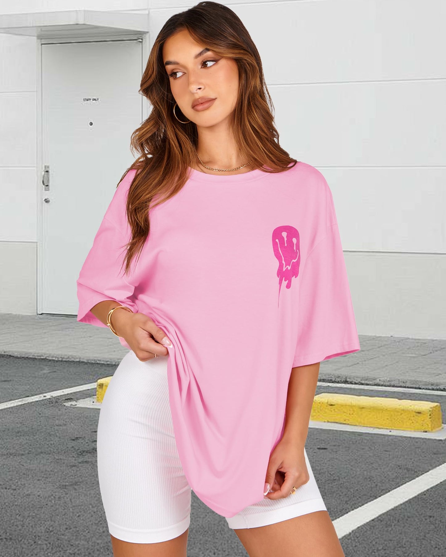 Womens Oversized Tshirt Graphic Tees Crew Neck Summer Short Sleeve Loose Fit Tops (A-Letter Print Pink, L)