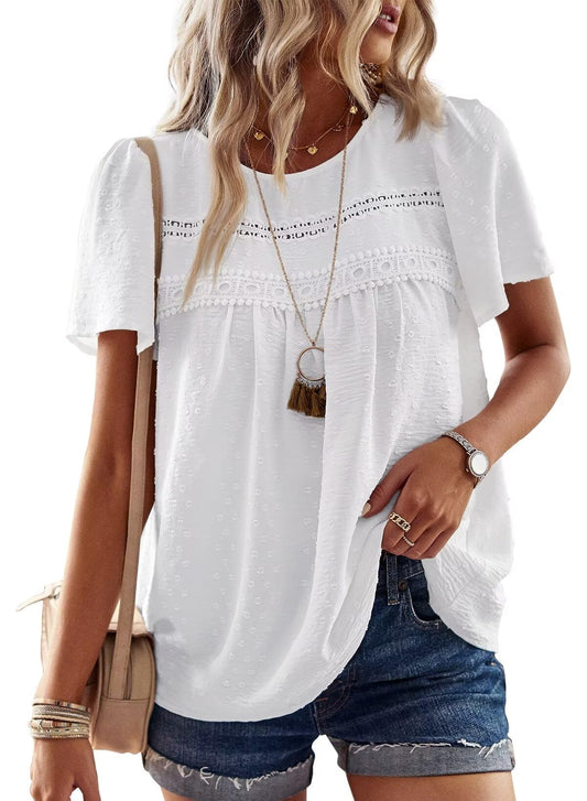 Falechay Womens Summer Blouses Crew Neck Lace Hem Basic Tee Shirts Flowy Chiffon Blouses Clothing for Women White L