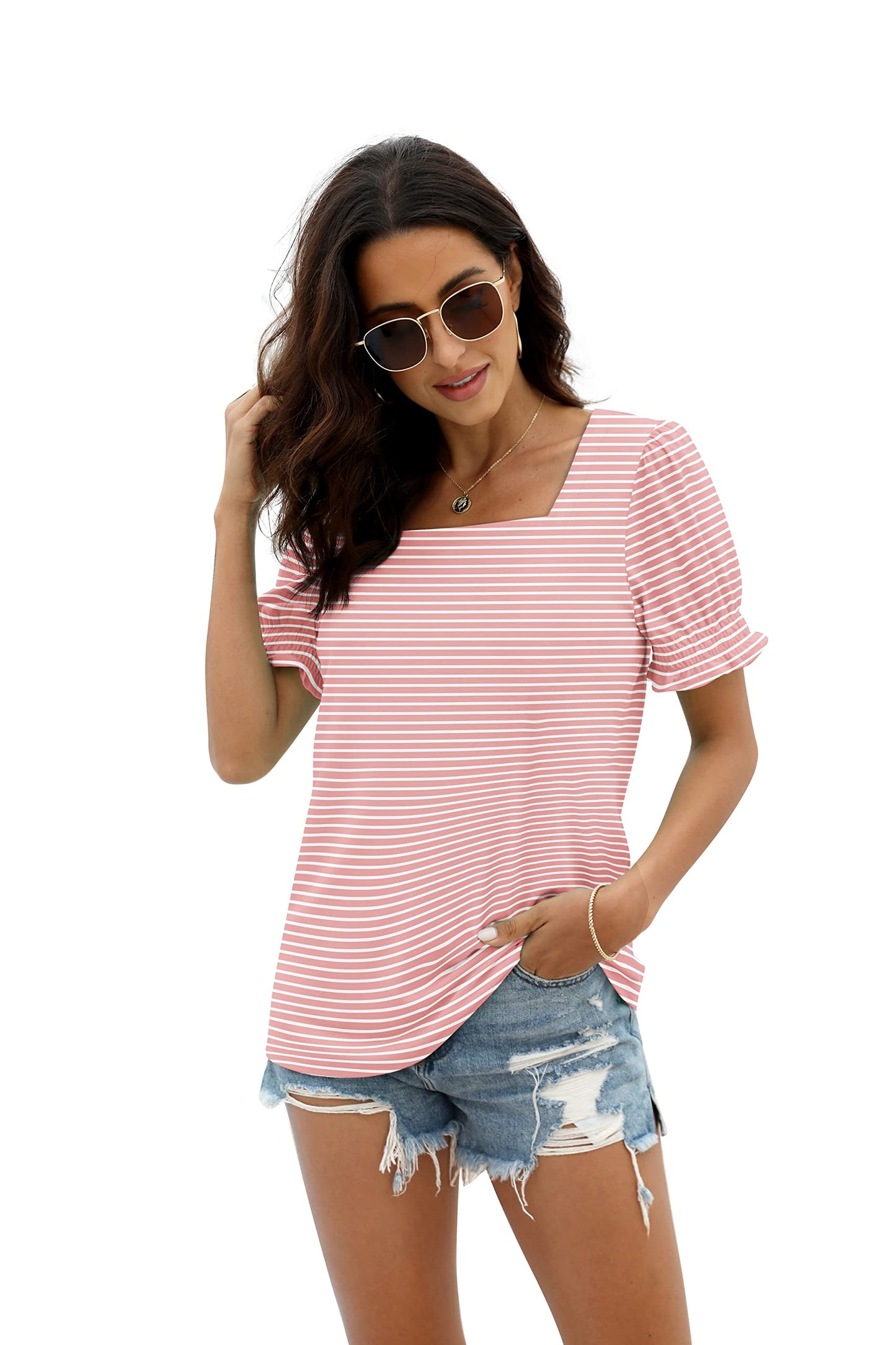 WIHOLL Summer Tops Women 2025 Dressy Casual Square Neck Easter Shirts Outfits Beach Vacation Clothes Pink Stripe L