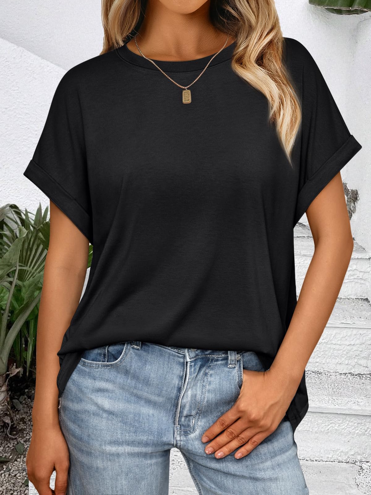 AUTOMET Womens Summer Tops Oversized Short Sleeve Business Casual Dressy T Shirts Trendy Fashion Clothes Spring Outfits 2025 Black L