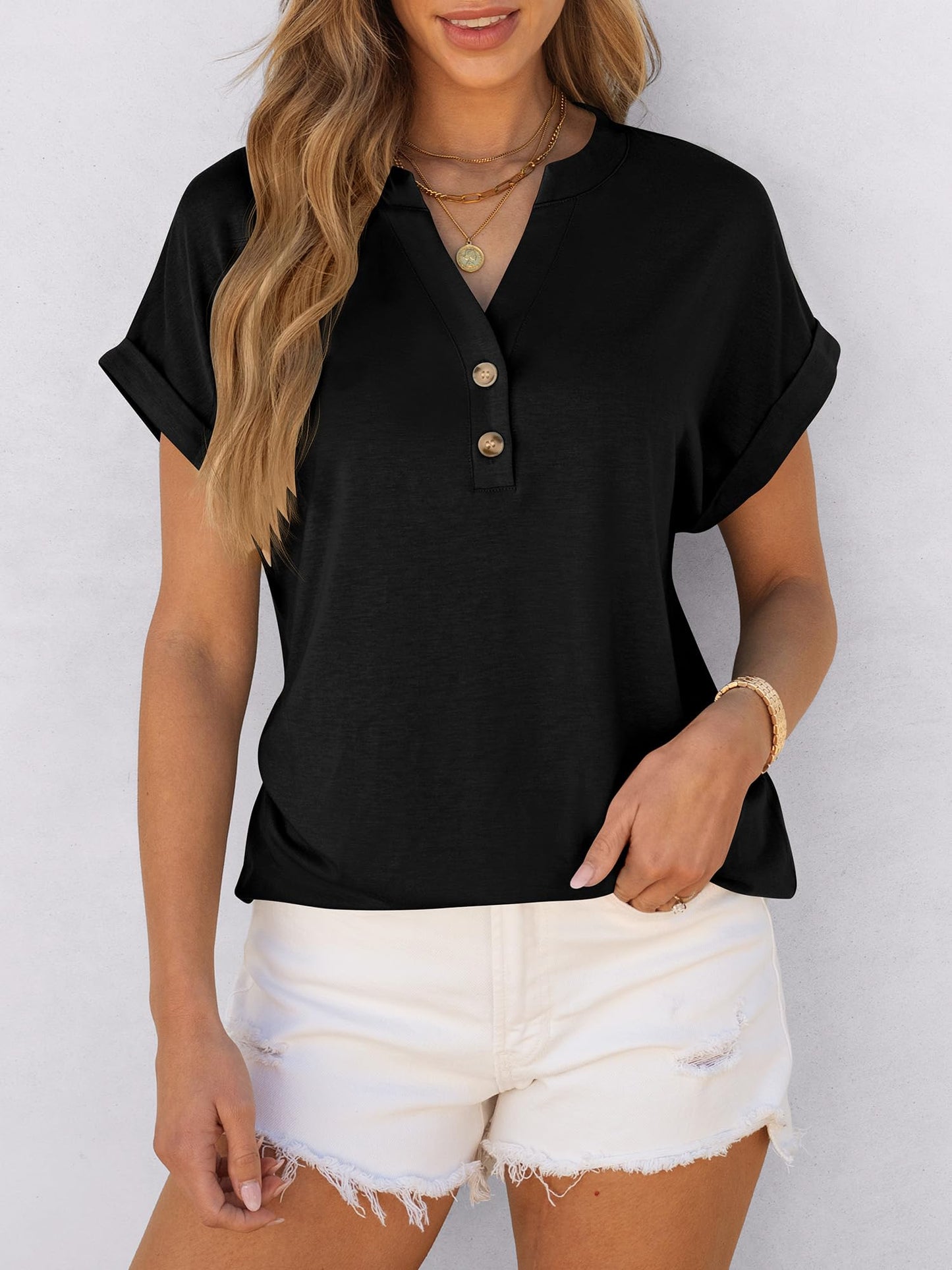 ANRABESS Womens Short Sleeve Henley Tops V Neck Dressy Casual Loose Fit Shirts Summer Flowy Blouses 2025 Trendy Clothes Black L