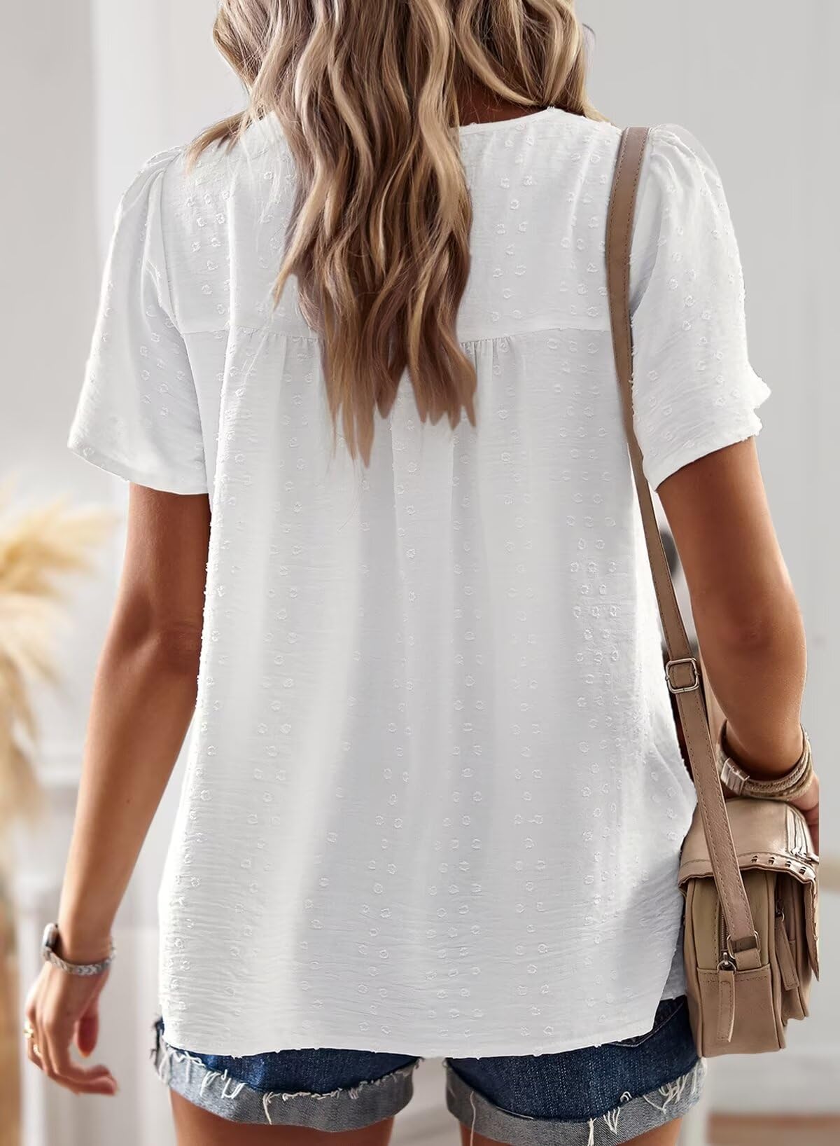 Falechay Womens Summer Blouses Crew Neck Lace Hem Basic Tee Shirts Flowy Chiffon Blouses Clothing for Women White L