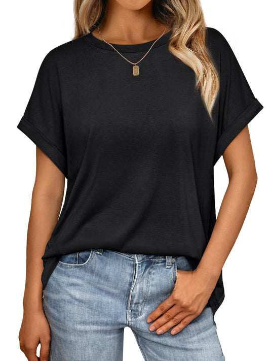 AUTOMET Womens Summer Tops Oversized Short Sleeve Business Casual Dressy T Shirts Trendy Fashion Clothes Spring Outfits 2025 Black L