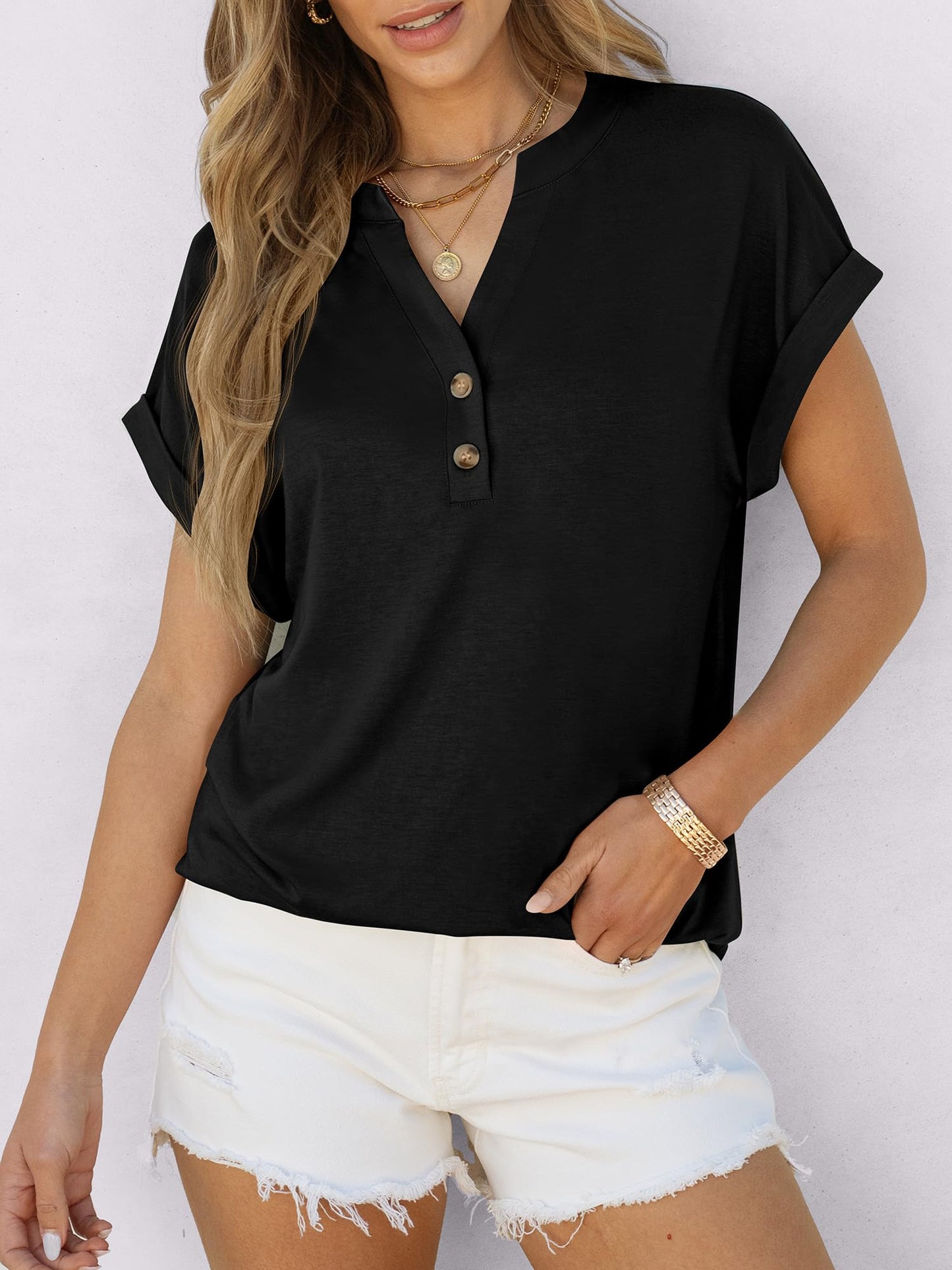 ANRABESS Womens Short Sleeve Henley Tops V Neck Dressy Casual Loose Fit Shirts Summer Flowy Blouses 2025 Trendy Clothes Black L