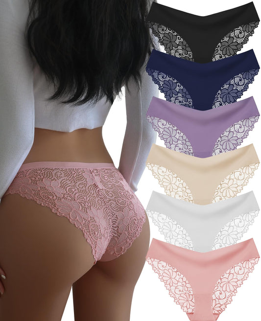 DHFBABY Sexy Cheeky Womens Underwear Comfortable Seamless Panties Luxurious Lace Bikini Briefs (US, Alpha, Medium, Regular, Regular, A-6 Pack-6 Color)