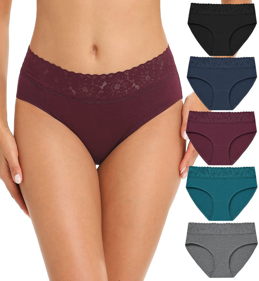 RHYFF Womens Underwear Cotton Hipster Panties Lace Soft Bikini Panty Ladies Stretch Full Briefs 5 Pack S-XL(R6004L-Dark)
