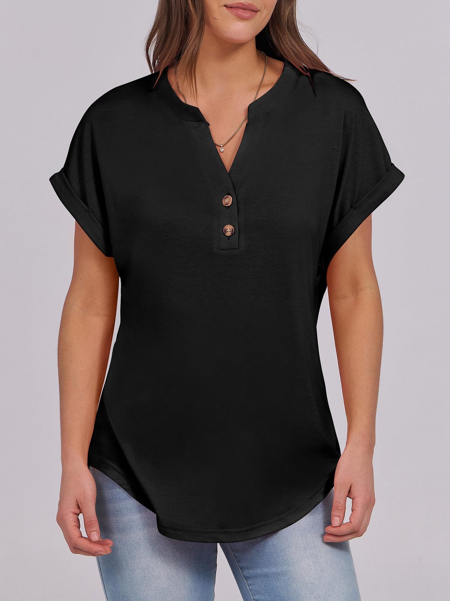 ANRABESS Womens Short Sleeve Henley Tops V Neck Dressy Casual Loose Fit Shirts Summer Flowy Blouses 2025 Trendy Clothes Black L