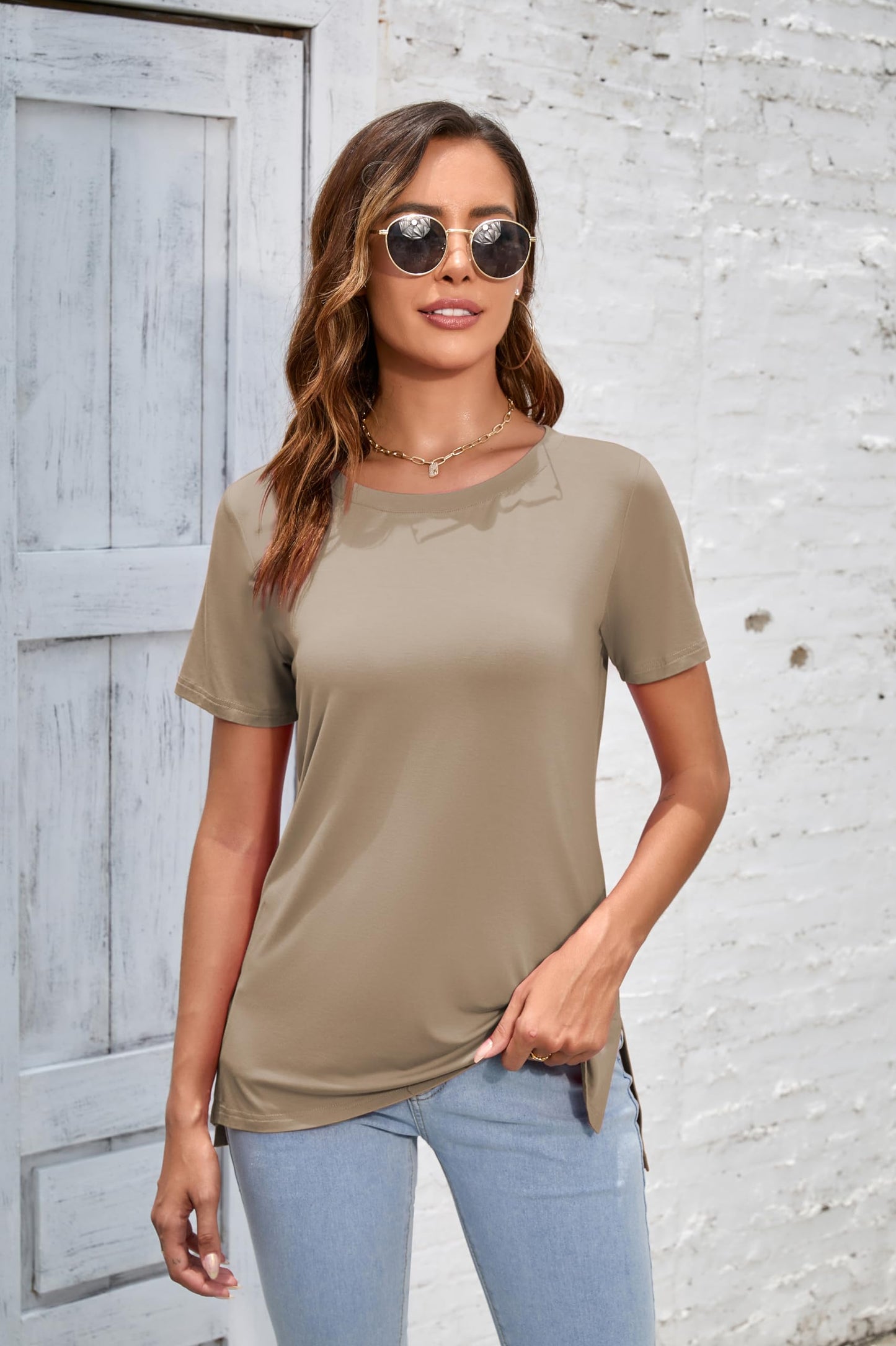 Herou T Shirt for Women Basic Short Sleeve Modal High Low Hem Tees Round Neck Loose Fit (Light Coffee, Medium)