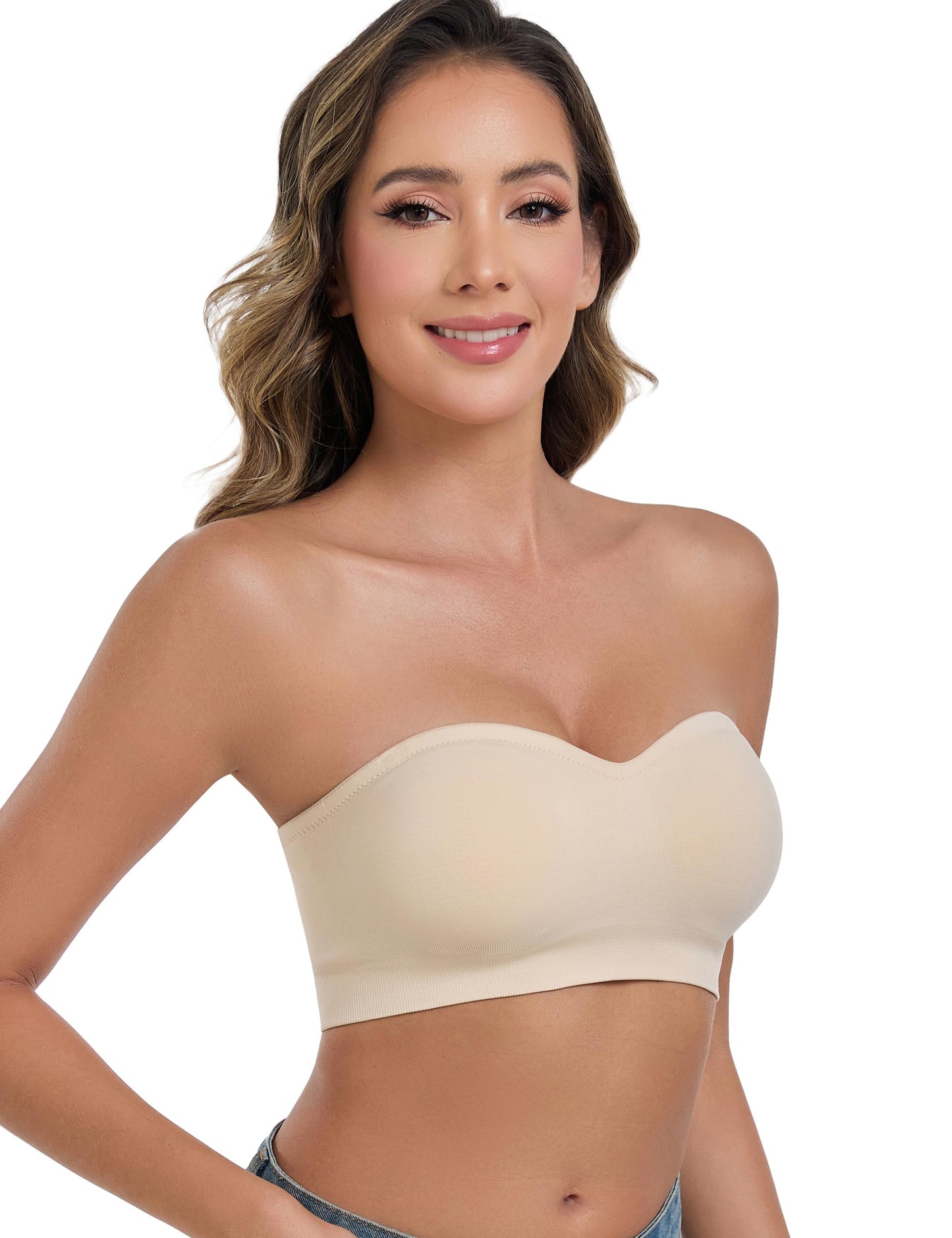 ANGOOL Strapless Bras for Women Wirefree Non-Slip Tube Top Invisible Bralette Seamless Padded Bandeau Bra, Beige, M