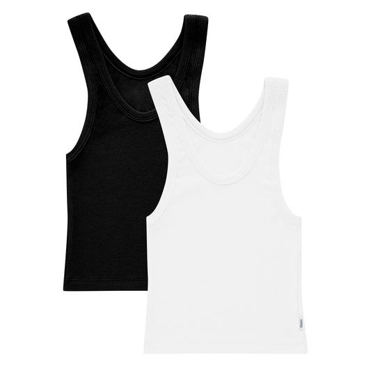 Hanes Women's Originals Rib Tank 2-Pack, Comfywear Stretch Cotton Cropped Top, White/Black, Large