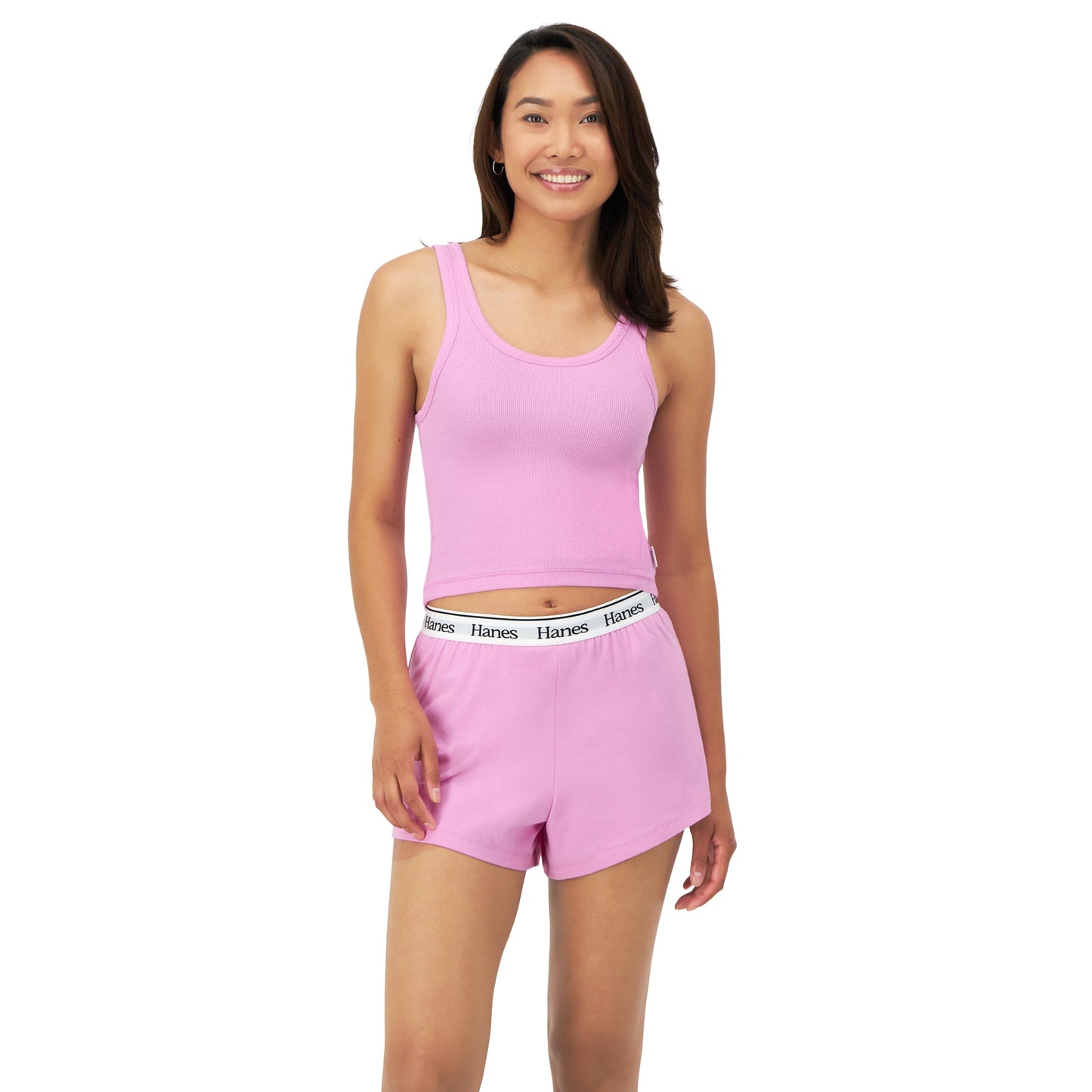 Hanes Women's Originals 2-Piece Lounge, Comfywear Rib Crop Tank & Sleep Shorts Loungewear Set, Strawberry Pink/Strawberry Pink, X Large