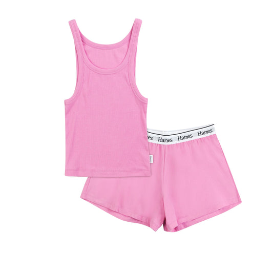 Hanes Women's Originals 2-Piece Lounge, Comfywear Rib Crop Tank & Sleep Shorts Loungewear Set, Strawberry Pink/Strawberry Pink, X Large