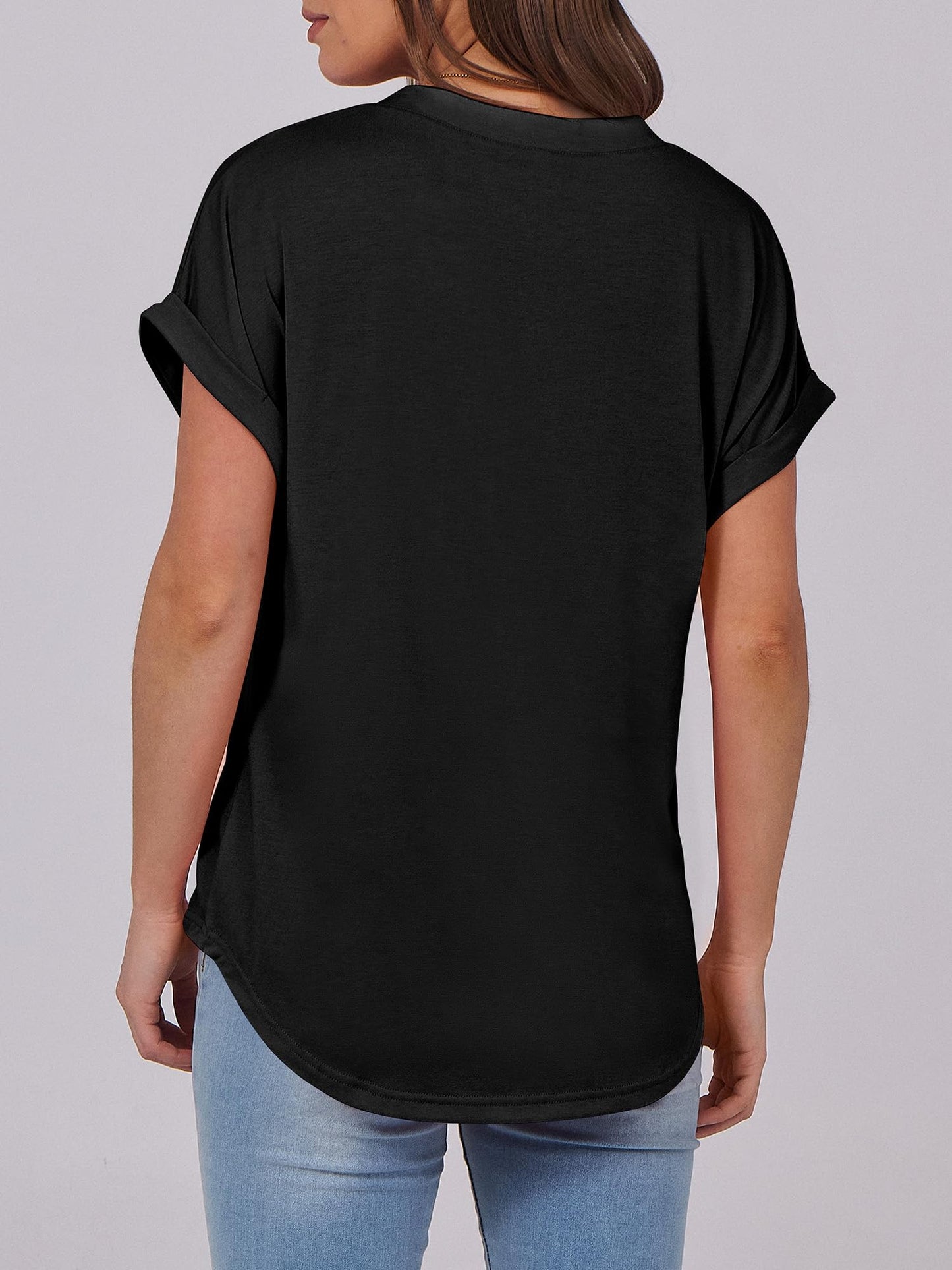 ANRABESS Womens Short Sleeve Henley Tops V Neck Dressy Casual Loose Fit Shirts Summer Flowy Blouses 2025 Trendy Clothes Black L