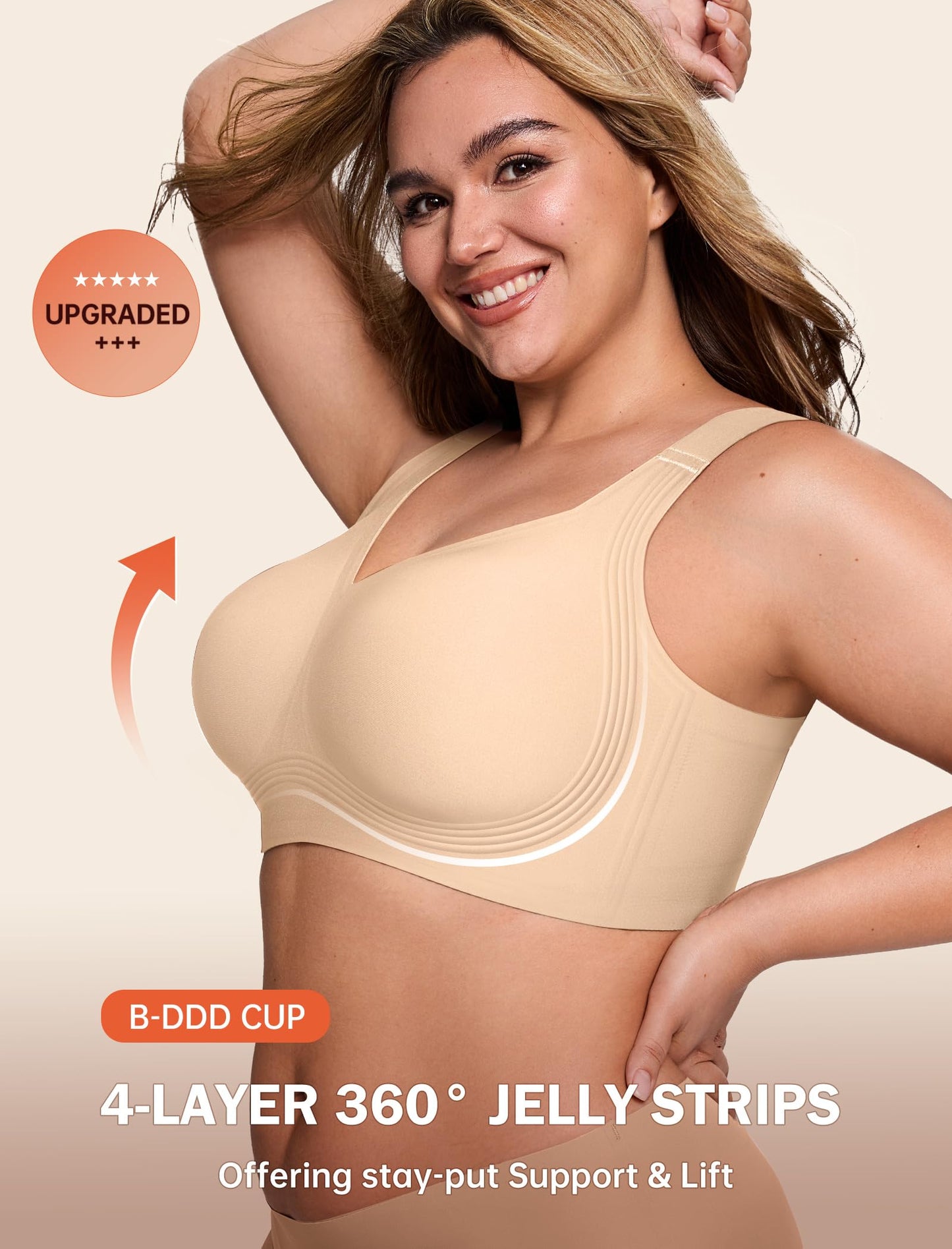 LetsJoli Bras for Women Supportive Wireless Push Up Bra Full Coverage No Underwear Seamless Plus Size for Older Women（Nude,L