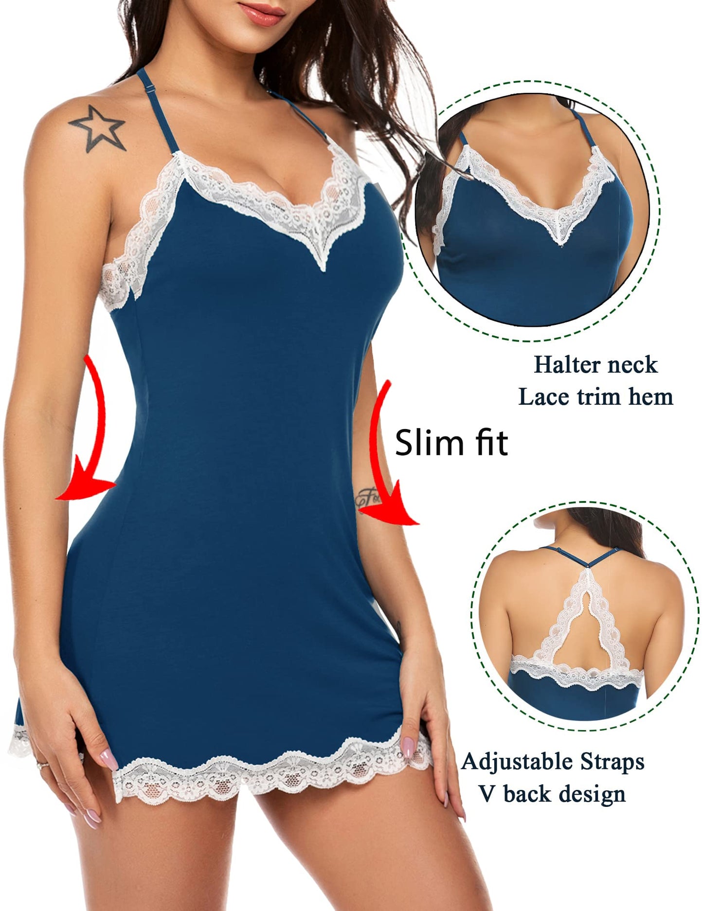 Avidlove Sexy Nighty for Women Lace Chemise Sleepwear Full Slip Nightgowns White and Blue