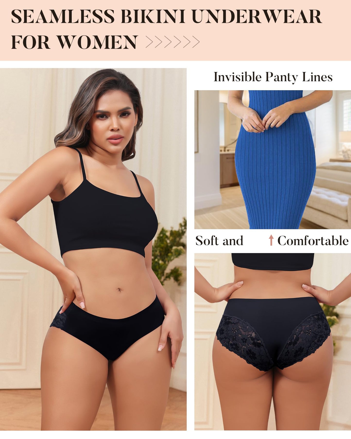 LEVAO Black Cheeky Underwear for Women Lace Seamless Bikini Panties Ladies Soft No Show Hipster 6 Pack S-XXL