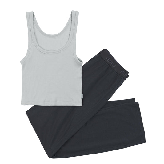 Hanes Women's Originals Supersoft Crop Tank & Lounge Pants, Comfywear Loungewear Set, Soft Celadon/Asphalt, XX-Large