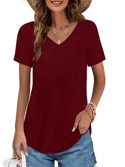 Elesomo Womens V Neck Tee Shirts Cotton Casual Summer Tops, Burgundy M