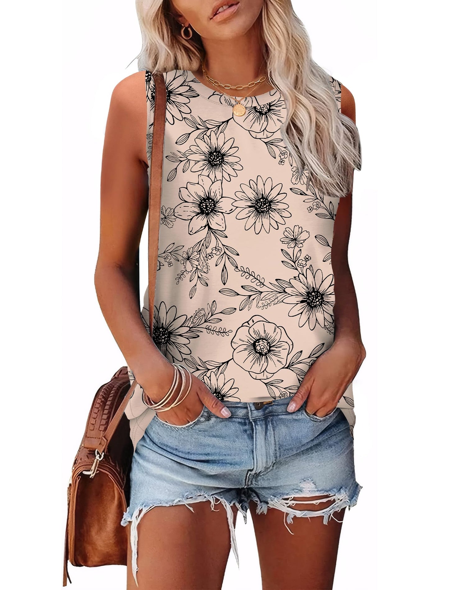 Womens Tops Summer 2025 Fashion Beach Vacation Clothes Dressy Casual Blouses Basic Tank Tops Spring Sleeveless Beige L
