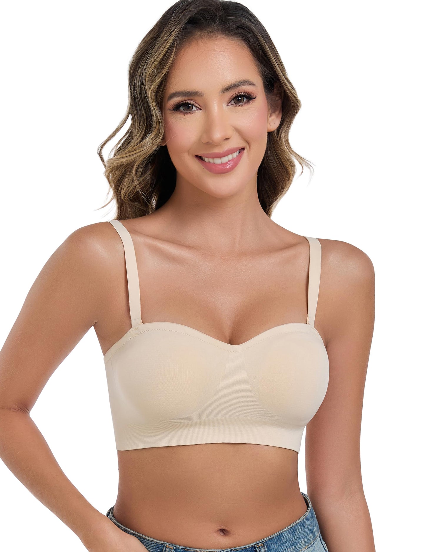 ANGOOL Strapless Bras for Women Wirefree Non-Slip Tube Top Invisible Bralette Seamless Padded Bandeau Bra, Beige, M