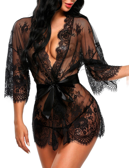 Avidlove black lace robe women Women's Lace Kimono Robe Babydoll Lingerie Mesh Nightgown Black S