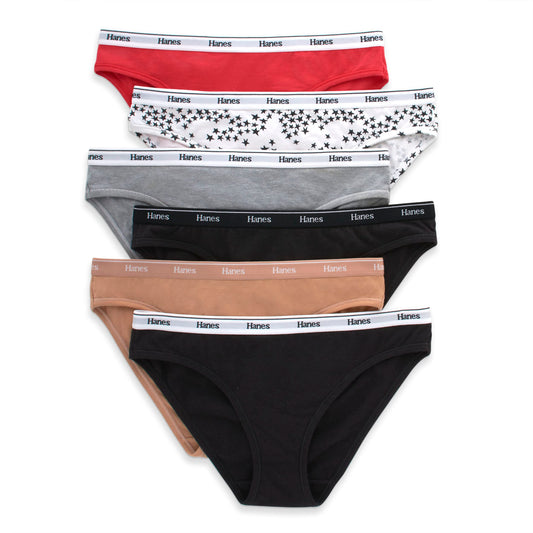 Hanes Women's Originals Bikini Panties, Breathable Stretch Cotton Underwear, Assorted, 6-Pack, Basic Color Mix, X Large